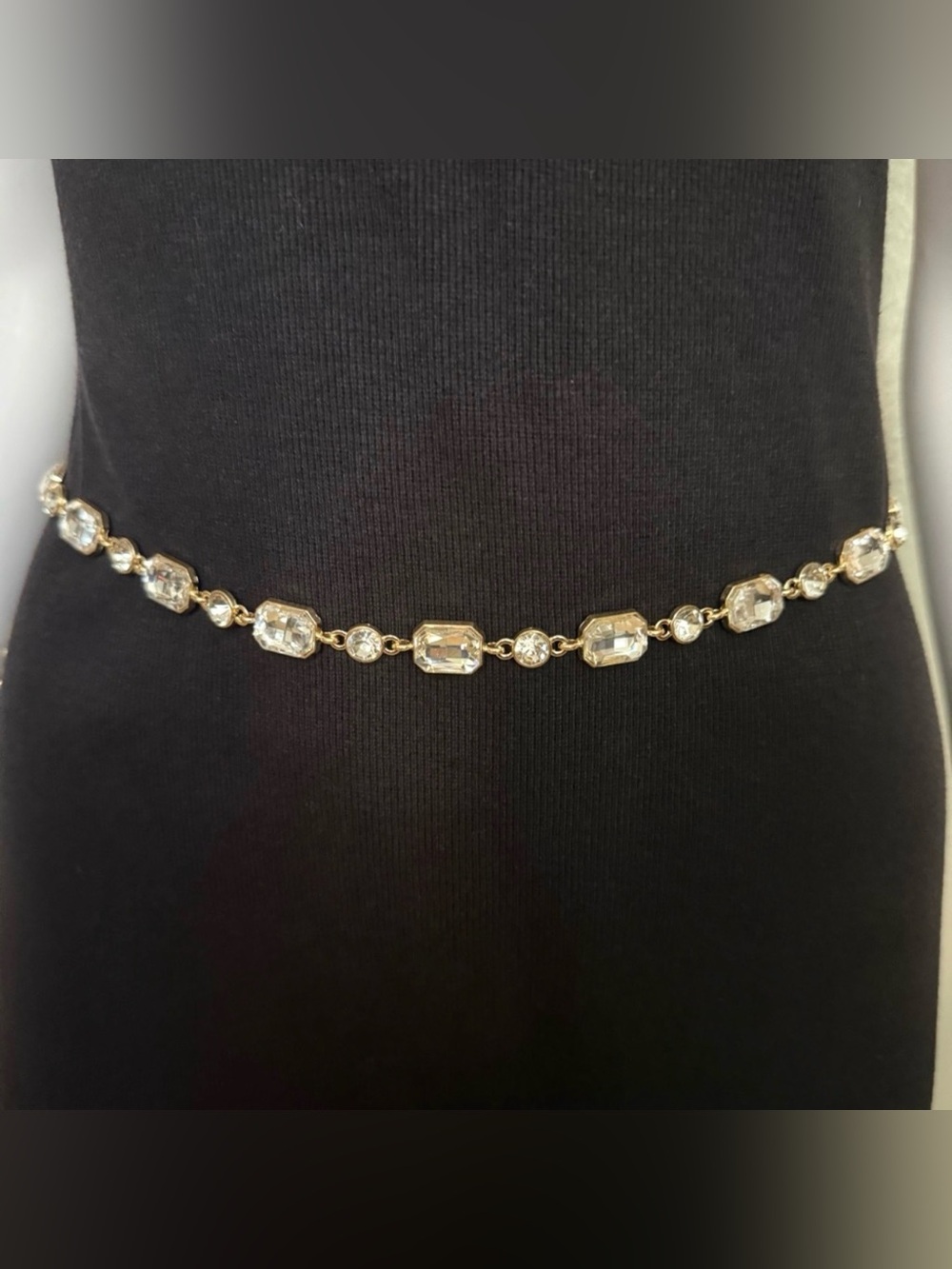 Gold tone metallic skinny chain belt with rhinestone details